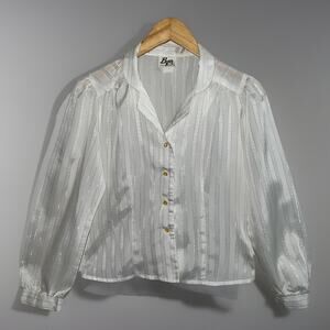 Vtg 70s 80s Byer California Cream White Blouse Striped Gold Metallic Thread Sz S